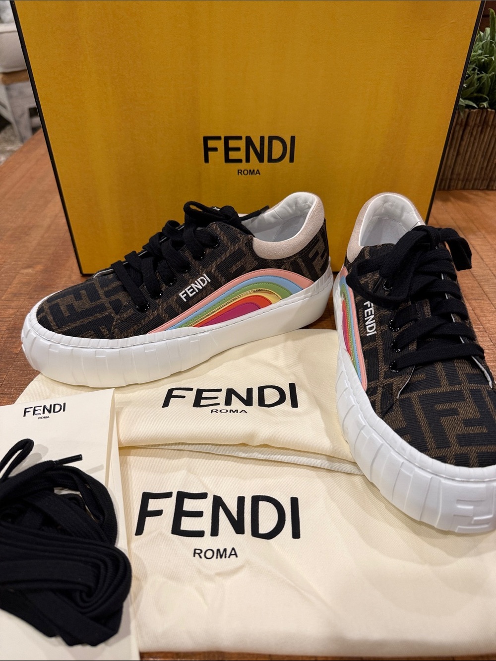 Fendi Brown FF Logo Canvas Rainbow Accent Low-Top Sneakers
